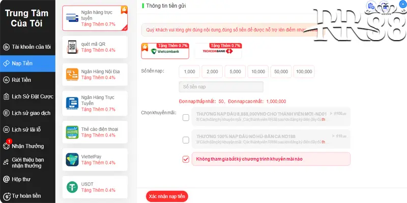 Nạp tiền vào RR88